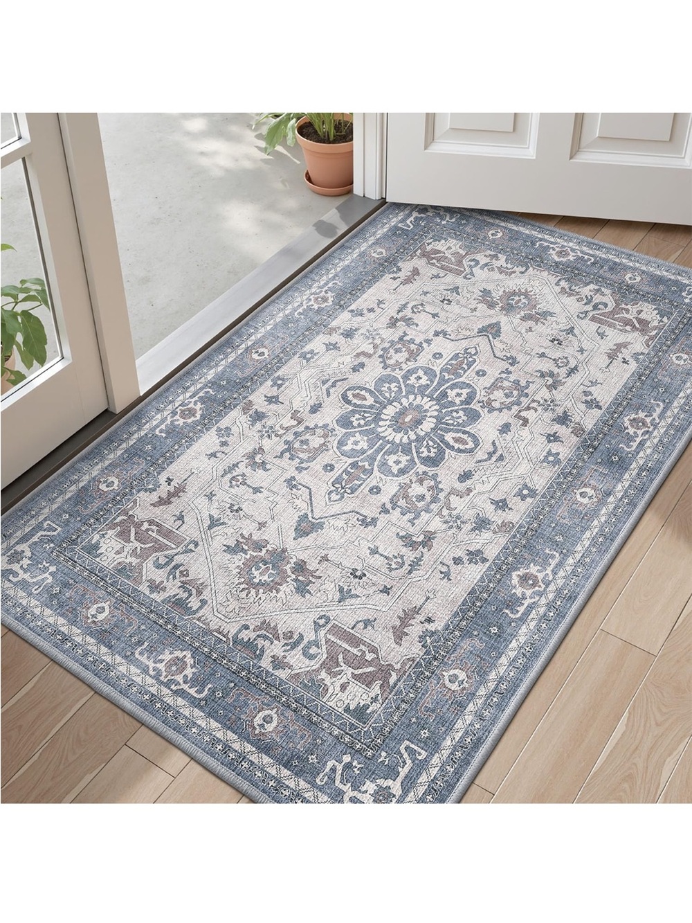Lumi Blue Floral Medallion Patio/Mud Room Area Rug - Home Accents (washable)